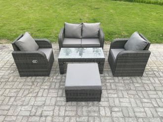 Fimous Outdoor Lounge Sofa Set Rattan Garden Furniture Set with Rectangular Coffee Table Big Footstool Dark Grey Mixed