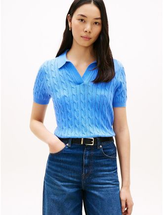 Tommy Hilfiger Womens Short-Sleeve Cable Knit Polo Sweater - Blue - XXL