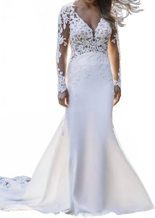 Allure Bridals Lace Long Sleeve Wedding Dress In Ivory/nude