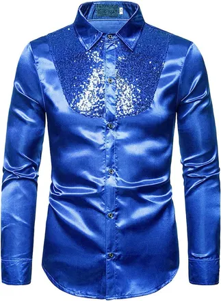 Generic Mens Sequin Shirt 70s Long Sleeve Disco Party Costume Casual Shirt, blue, XXL
