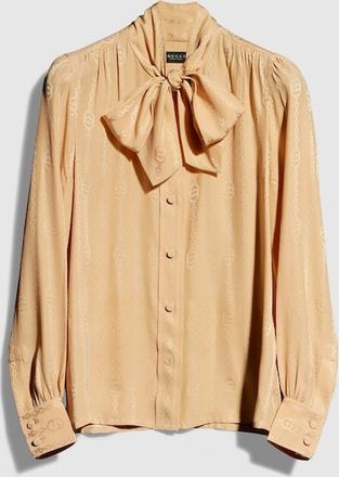 Gucci Interlocking G Chain Silk Jacquard Shirt, Beige