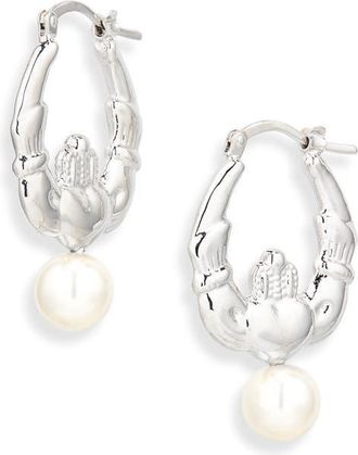 Simone Rocha Faux Pearl Claddagh Hoop Earrings in Rhodium/pearl at Nordstrom