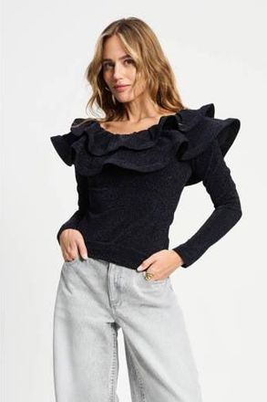 Pom Amsterdam off shoulder top donkerblauw met glitter