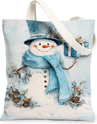 Generic Winter Snow Man Canvas Tote Bags, Holiday Snow Man Design Reusable Grocery Bags, Vintage Lightweight Washable Shoulder Stra, Blue, 13x15 Inch