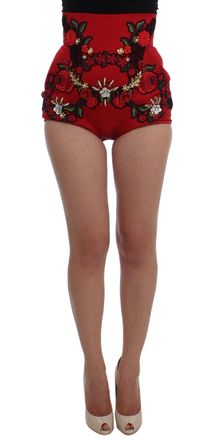 Dolce & Gabbana Red Silk Crystal Roses Womens Shorts