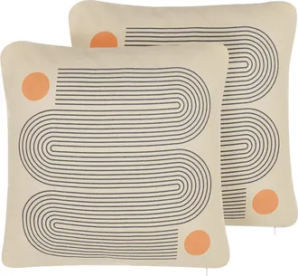 Beliani Conjunto De 2 Cojines De Poli&eacute;ster Algod&oacute;n Mezcla Beige Gris Patr&oacute;n Geom&eacute;trico Suave 45 X 45 Cm Accesorio Decorativo Calibrachoa