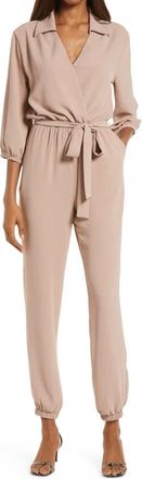 Fraiche by J Tie Waist Long Sleeve Jumpsuit in Beige/khaki at Nordstrom, Size Large