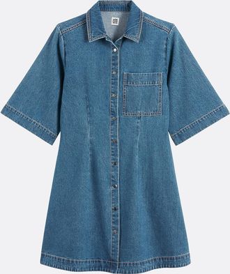 La Redoute Collections Wijde denim jurk, kort, korte mouwen, drukknopen aan de voorkant