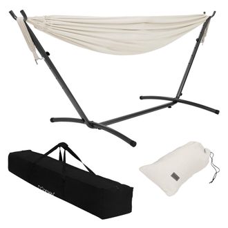 ML Design Ml-design Hamaca Doble Con Estructura De Acero Beige Espacio Para 2 Personas Silla Colgante Xxl Con Soporte Y Bolsa De Transporte Incluida Balanc&iacute;n De