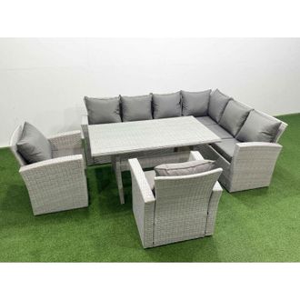 Fimous Rattan Garden Furniture Set Outdoor 8 Seater Patio Dining Corner Sofa Sets with Dining Table Chair Light Grey Mixed - Fimous