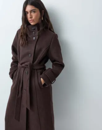 Abercrombie & Fitch cappotto in misto lana con collo a imbuto e cintura marrone