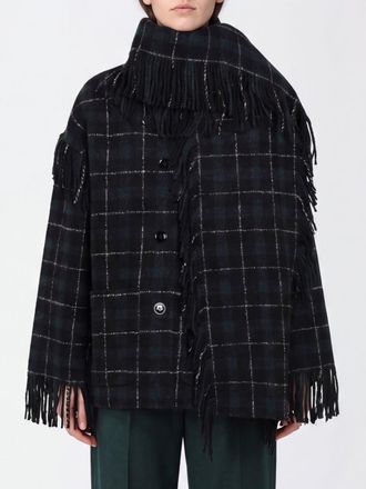 Toteme Tartan Wool Single-Breasted Short Coat with Scarf Collar and Fringes