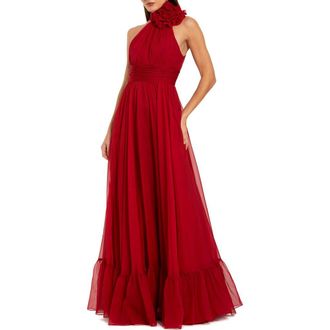 Mac Duggal Sleeveless Mock Neck Chiffon Gown With 3D Flower in Deep Red at Nordstrom, Size 10