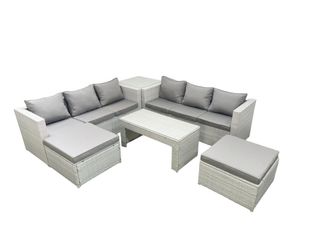 Fimous 8 Seater Garden Outdoor Rattan Furniture Set Rattan Garden Sofa Oblong Coffee Table with 2 Big Footstools Side Table Light Grey Mixed