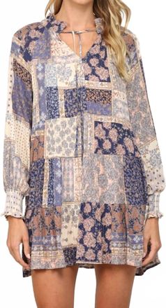 Fate Patchwork Long Sleeve Dress In Blue Multi