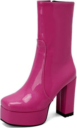 Generic Womens Patent Leather Chunky Heel Ankle Boots Square Toe Platform Booties Fashion Style for Party,Rose Red,1.5 UK