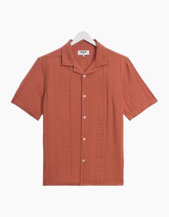 Wax London Mens Wax London Didcot Double Weave Seersucker Short Sleeve Shirt - Red/Orange/Brown - Size: 38/Regular