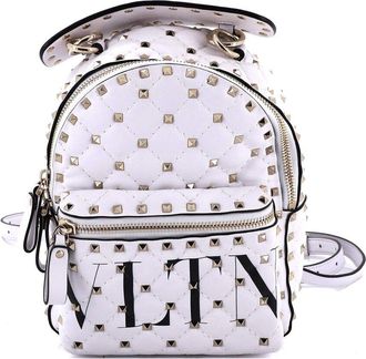 Valentino White Quilted Sheep Leather Vltn Rockstud Spike Backpack Printed Mini (Authentic Pre-Loved)