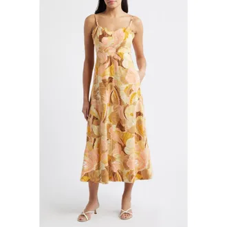 Vince Camuto Floral Linen Blend Midi Dress in Brown Mult at Nordstrom, Size 12