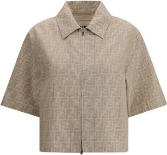Fendi Shirts, female, Beige, Size: XS Chambray Jacket with Jacquard Weave