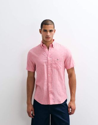 GANT Camicia in cotone e lino rosa a maniche corte con logo a scudo