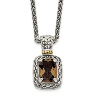 Diamond2Deal Sterling Silver with 14K Accent Cushion Smoky Quartz Pendant Necklace