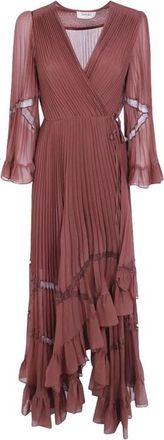 Twinset Jurk met plooien en ruches - Dames - Feestkleedjes - Bruin - L - Polyester - Kleedjes