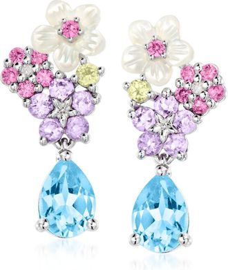 Ross-Simons Swiss Blue Topaz and. Multi-Gemstone Floral Drop Earrings With Mother-Of-Pearl and Lab-Grown Diamonds in Sterling Silver