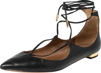Aquazzura Black Leather Christy Ankle-Wrap Ballet Flats