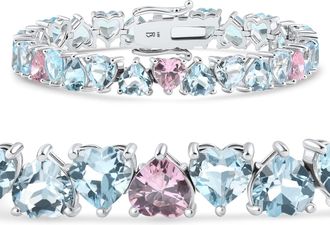 Pompeii3 34.43Ct Heart Shape Pink & Blue Topaz Tennis Bracelet 14k White Gold 23.51grams
