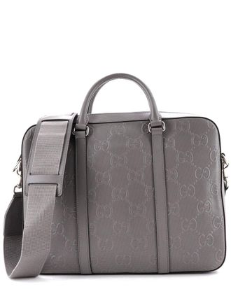 Gucci Grey Gg Embossed Perforated Leather Briefcase Medium (Authentic Pre- Loved)