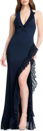 Dress The Population Kathleen Ruffle Halter Gown with Train in Midnight Blue B at Nordstrom, Size Xx-Large