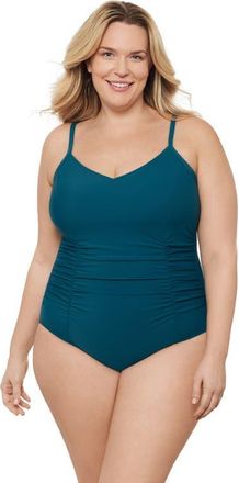 Aqua Green Plus Size Princess Seam V-Neck Side Shirred Adjustable One-Piece Swimsuit in Lagoon at Nordstrom, Size 1X