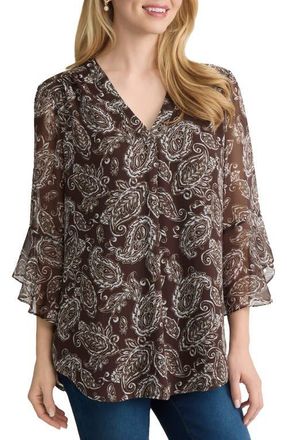 Jones New York Flutter Sleeve Paisley Top in Fudge/White Sand Multi at Nordstrom, Size X-Small