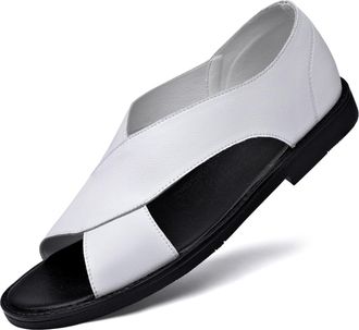 Generic Mens Genuine Leather Flat Slides Sandals Classic Open Toe Slip On Non Slip Outdoor Casual Slippers Summer Lightweight Beach Sandals (White 1,6.5)