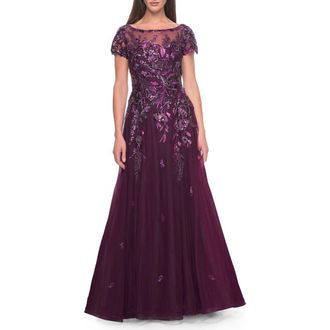 La Femme A-line Gown with Unique Sequin Floral Applique in Dark Berry at Nordstrom, Size 6