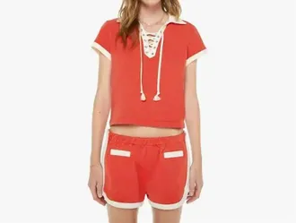 Mother Lace Up Match Top In Fiery Red