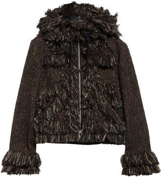 sacai Fringe Wool Blend Tweed Hooded Jacket in Brown at Nordstrom, Size 2
