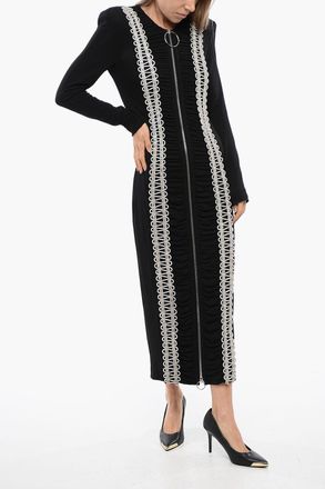 Balmain Vestito Lungo Con Zip E Bande Con Strass Balmain
