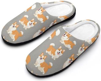 Generic Happy Corgis Dogs Cotton Womens Slip-on Slippers Winter Warm House Shoes with Rubber Sole for Home Office Hotel