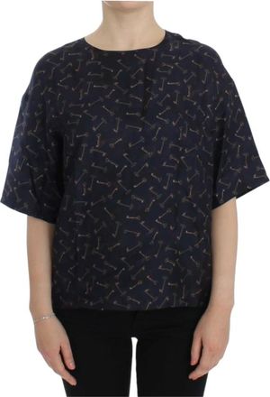 Dolce & Gabbana Blauw Goud Sleutel Print Zijden Blouse - Dames - T-shirts - Blauw - M - Tops