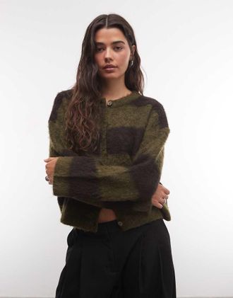 Noisy May cardigan lavorato a maglia con scollo rotondo a righe marrone e kaki