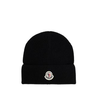 Moncler Beanies, unisex, Black, Size: ONE SIZE Black Cotton Beanie with Logo Patch
