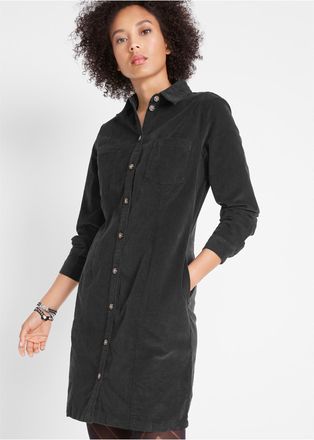 Bonprix Hemdblusenkleid BONPRIX, Damen, Gr. 34, N-Gr, schwarz, Cord, Obermaterial: 98% Baumwolle, 2% Elasthan, unifarben, bequem kniefrei, Manschette, Kleider