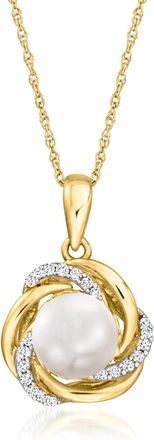 Ross-Simons 7mm Cultured Pearl Love Knot Pendant Necklace With Diamonds in 14kt Yellow Gold