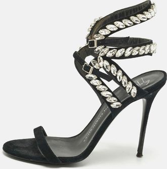 Giuseppe Zanotti Black Suede Crystal Embellished Ankle Strap Sandals