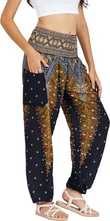 Lofbaz Harem Pants for Women Yoga Boho Hippie Clothing Womens Palazzo Bohemian Pajama Trousers Beach Indian Gypsy Genie Clothes - Peacock 1 Black 4XL