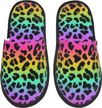 Generic Camping Slippers Rainbow Leopard Colorful Fashion Breathable Fleece Slippers Non-Slip House Shoes For Spa Women Bedroom L