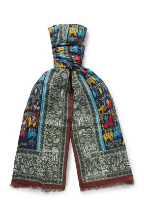 Drake's Frayed Printed Wool and Silk-Blend Scarf