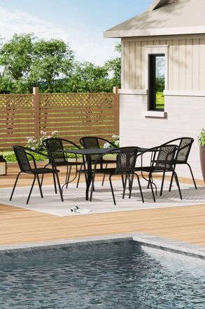 Living and Home Metal Slatted Outdoor Garden Coffee Table with 6 Rattan Chairs in Black